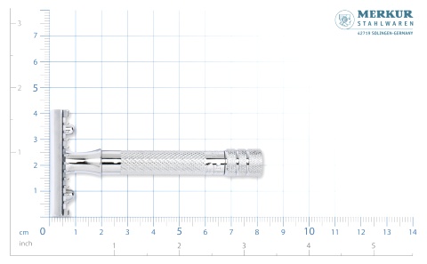  Cтанок Т- образный для бритья MERKUR хромированный, короткая ручка, открытый зубчатый гребень, лезвие в комплекте (1 шт), в картонной коробке