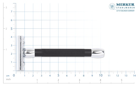 Cтанок Т- образный для бритья MERKUR хромированный, прямой срез, закрытый гребень, длинная ручка черного цвета, лезвие в комплекте (1 шт), в картонной коробке