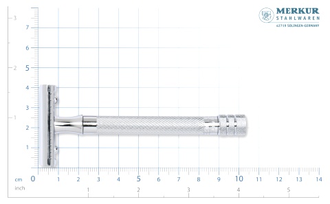  Станок Т- образный для бритья MERKUR хромированный, прямой срез, закрытый гребень, длинная ручка, лезвие в комплекте (1 шт), в картонной коробке
