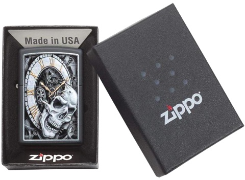  Зажигалка Zippo Skull Clock с покрытием Black Matte