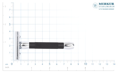 Cтанок Т- образный для бритья MERKUR хромированный, прямой срез, короткая ручка черного цвета, лезвие в комплекте (1 шт), в картонной коробке