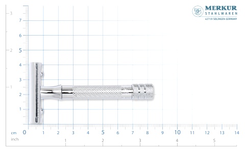  Станок Т- образный для бритья MERKUR хромированный, короткая ручка, прямой срез, закрытый гребень, лезвие в комплекте (1 шт), в картонной коробке