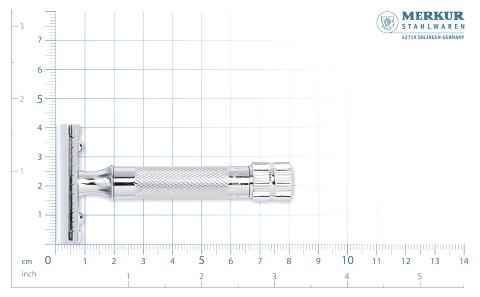 Cтанок Т- образный для бритья MERKUR, глянцевое хромированное покрытие, прямой срез, закрытый гребень, короткая ручка, лезвие в комплекте (1 шт), в картонной коробке