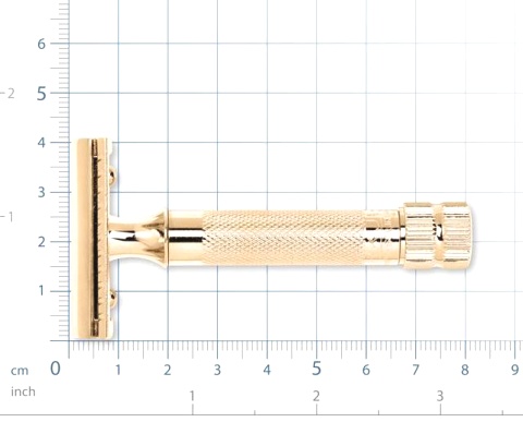  Станок Т- образный для бритья MERKUR хромированный, золотистый цвет, прямой срез, короткая ручка, закрытый гребень, лезвие в комплекте (1 шт), в картонной коробке