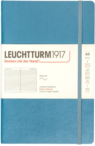  Блокнот Leuchtturm Rising Colours, A5, 80 г/м2, 123 стр. в линейку, мягкая обложка, синий камень