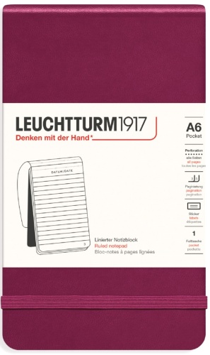  Блокнот Leuchtturm Portrait Pocket, A6, 80 г/м2, 184 стр. в линейку, твердая обложка, красный портвейн