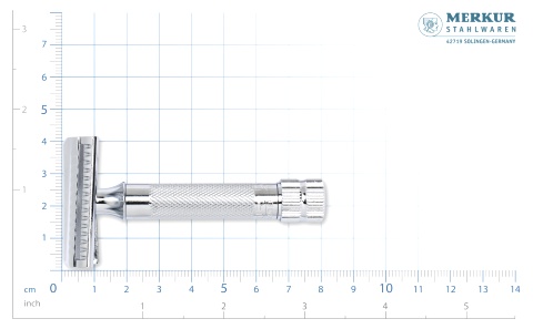  Станок Т- образный для бритья MERKUR хромированный, короткая ручка, косой срез, лезвие в комплекте (1 шт), в картонной коробке