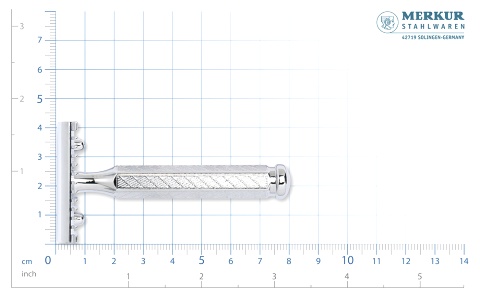 Cтанок Т- образный для бритья MERKUR, глянцевое хромированное покрытие, открытый зубчатый гребень, короткая ручка, лезвие в комплекте (1 шт), в картонной коробке