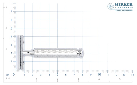 Cтанок Т- образный для бритья MERKUR, глянцевое хромированное покрытие, прямой срез, закрытый гребень, короткая ручка, лезвие в комплекте (1 шт), в картонной коробке